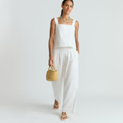 women's white linen scalloped beach pant